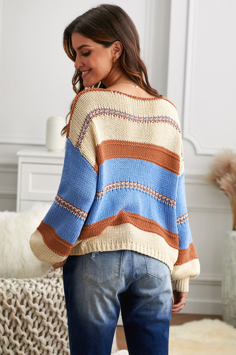 Striped V-Neck Dropped Shoulder Pullover Sweater