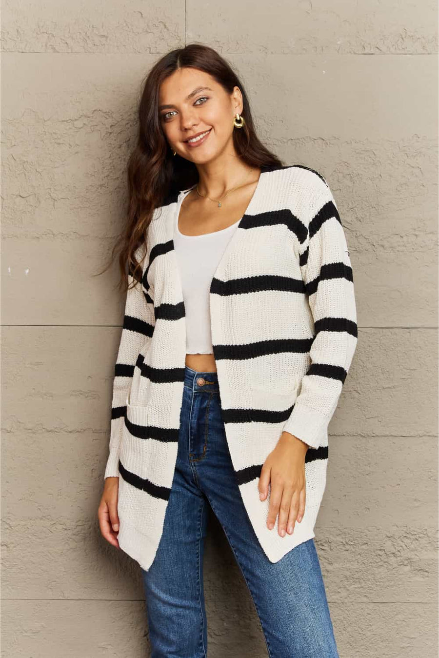 Ninexis Striped Long Sleeve Cardign with Pocket