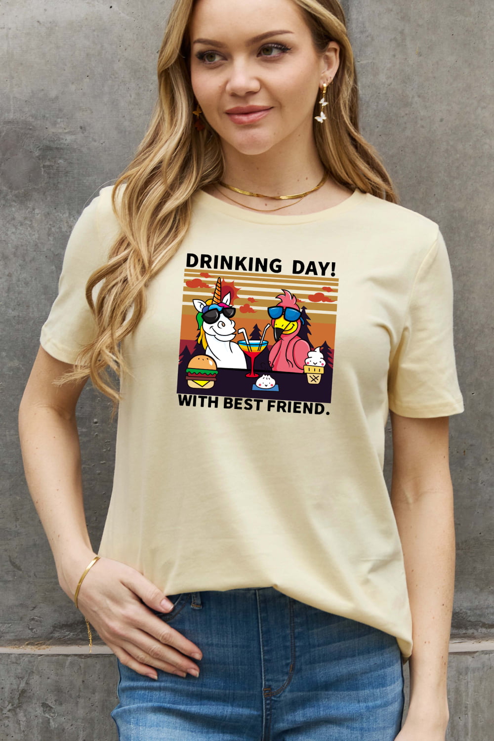 Simply Love Full Size DRINKING DAY! WITH BEST FRIEND Graphic Cotton Tee