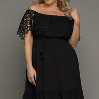 Plus Size Tassel Tie Spliced Lace Off-Shoulder Dress