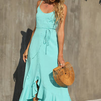 Decorative Button Spaghetti Strap Ruffle Hem Dress