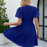 Surplice Neck Tie Waist Flutter Sleeve Pleated Dress