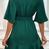 Tie Belt Surplice Neck Ruffled Dress