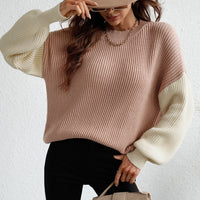 Two-Tone Rib-Knit Dropped Shoulder Sweater