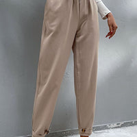 Drawstring Paperbag Waist Button Detail Pants