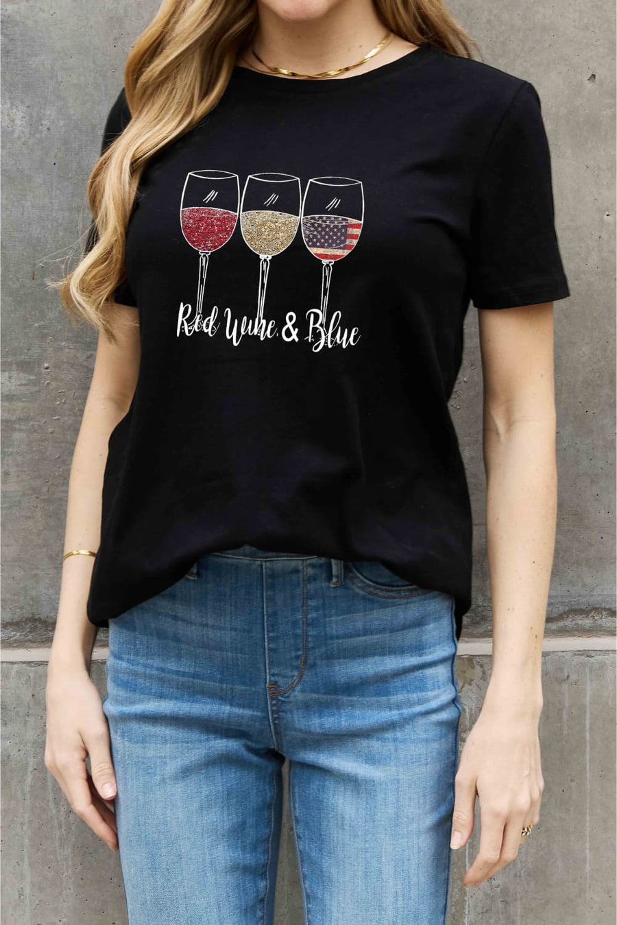 Simply Love Full Size RED WINE & BLUE Graphic Cotton Tee