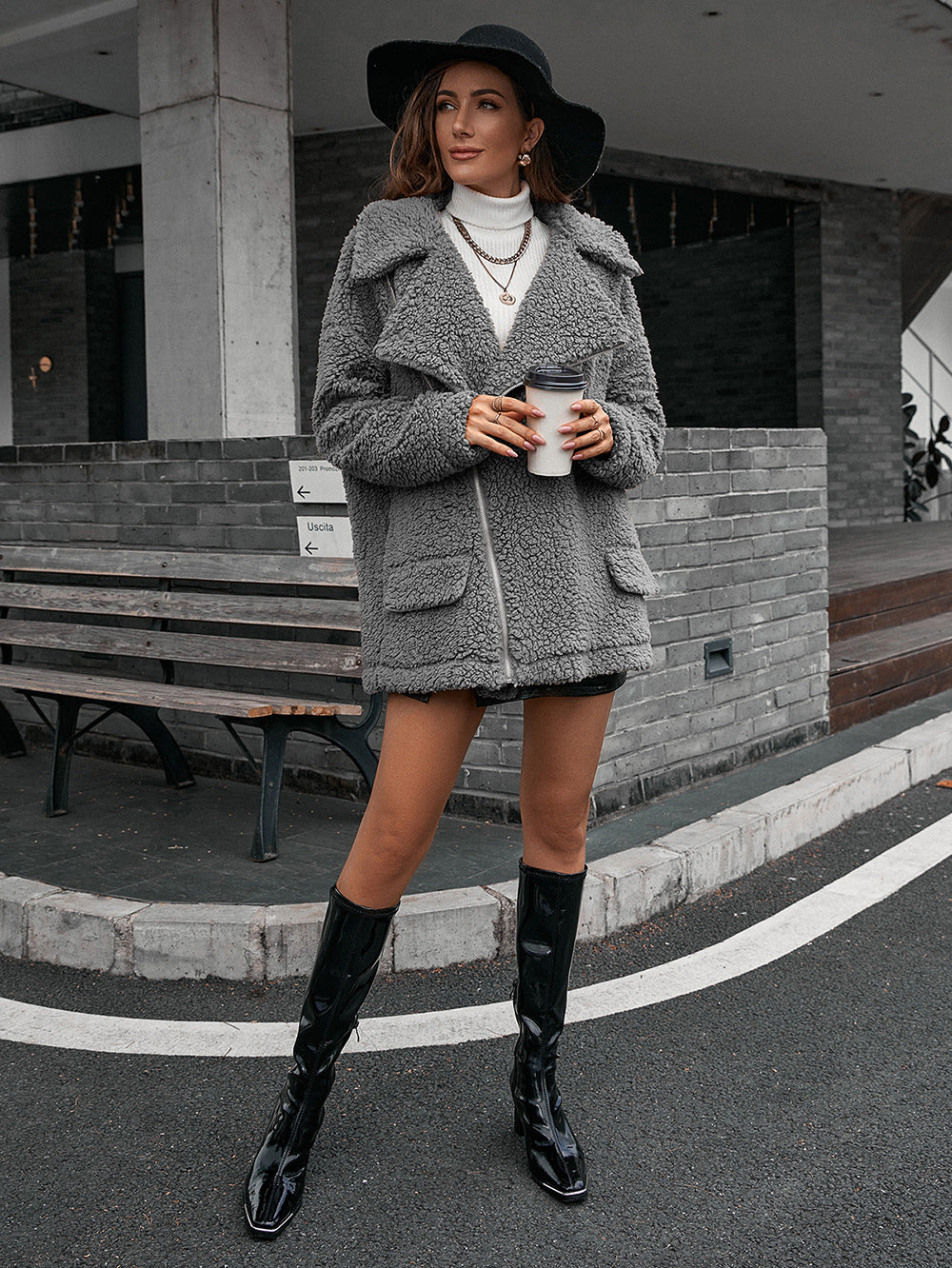 Zip-Up Collared Teddy Coat