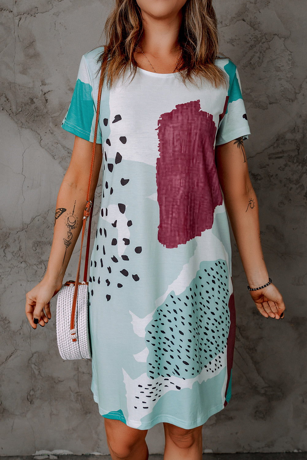 Mixed Print Round Neck T-Shirt Dress