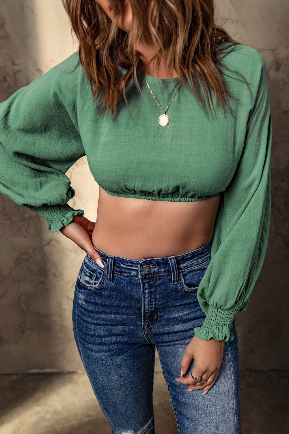 Round Neck Lantern Sleeve Cropped Top