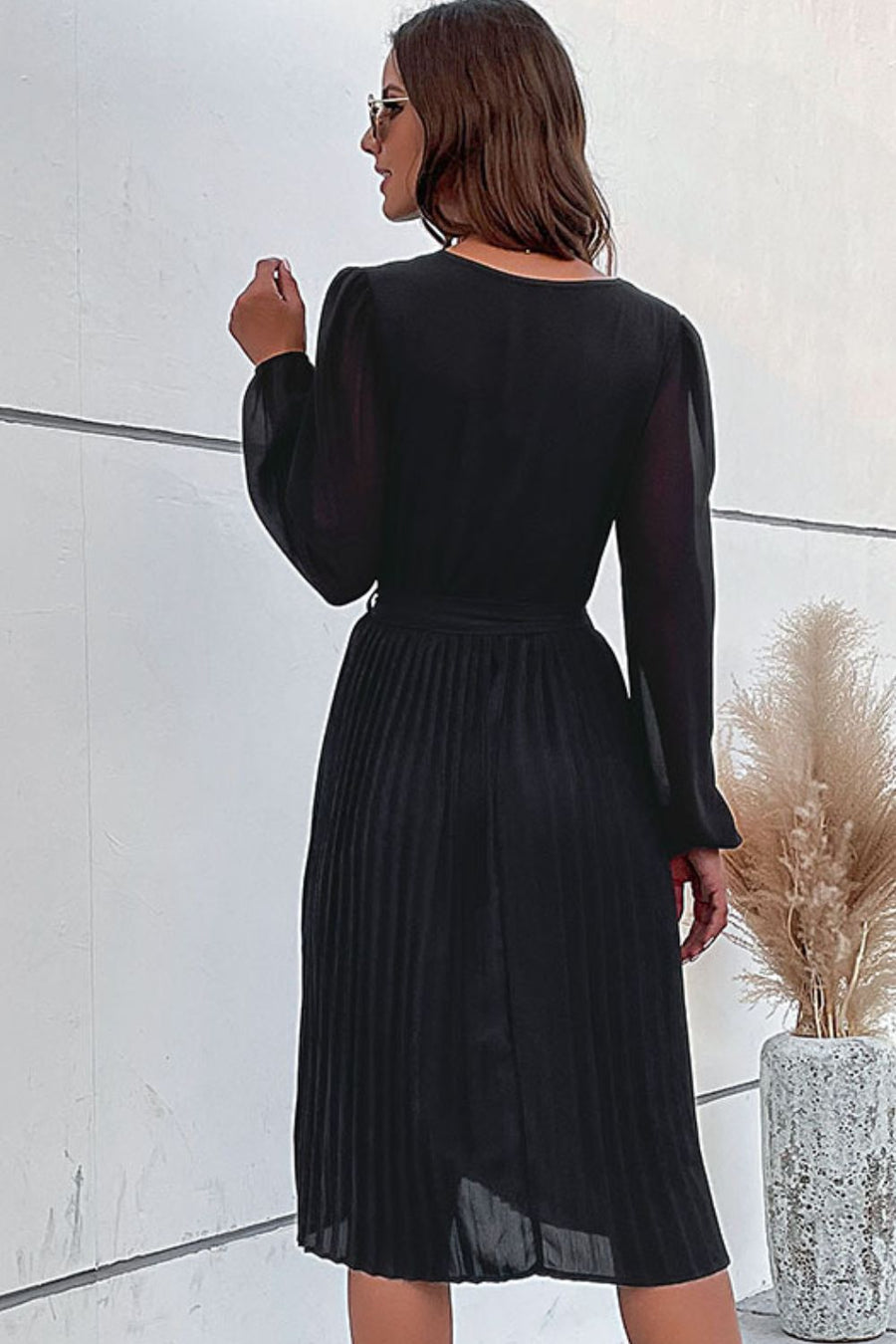 Belted Balloon Sleeve Pleated Dress