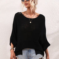 Boat Neck Cuffed Sleeve Slit Tunic Knit Top