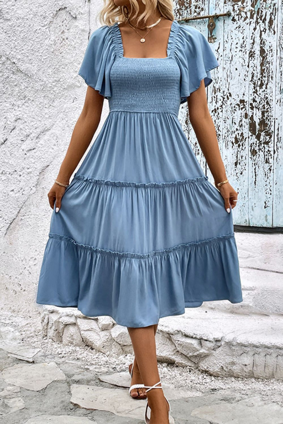 Smocked Square Neck Frill Trim Dress