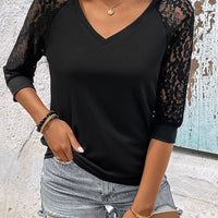 V-Neck Spliced Lace Raglan Sleeve Top