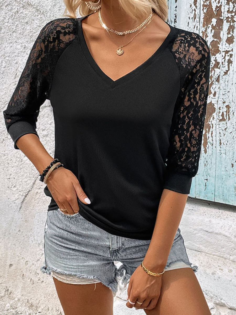 V-Neck Spliced Lace Raglan Sleeve Top