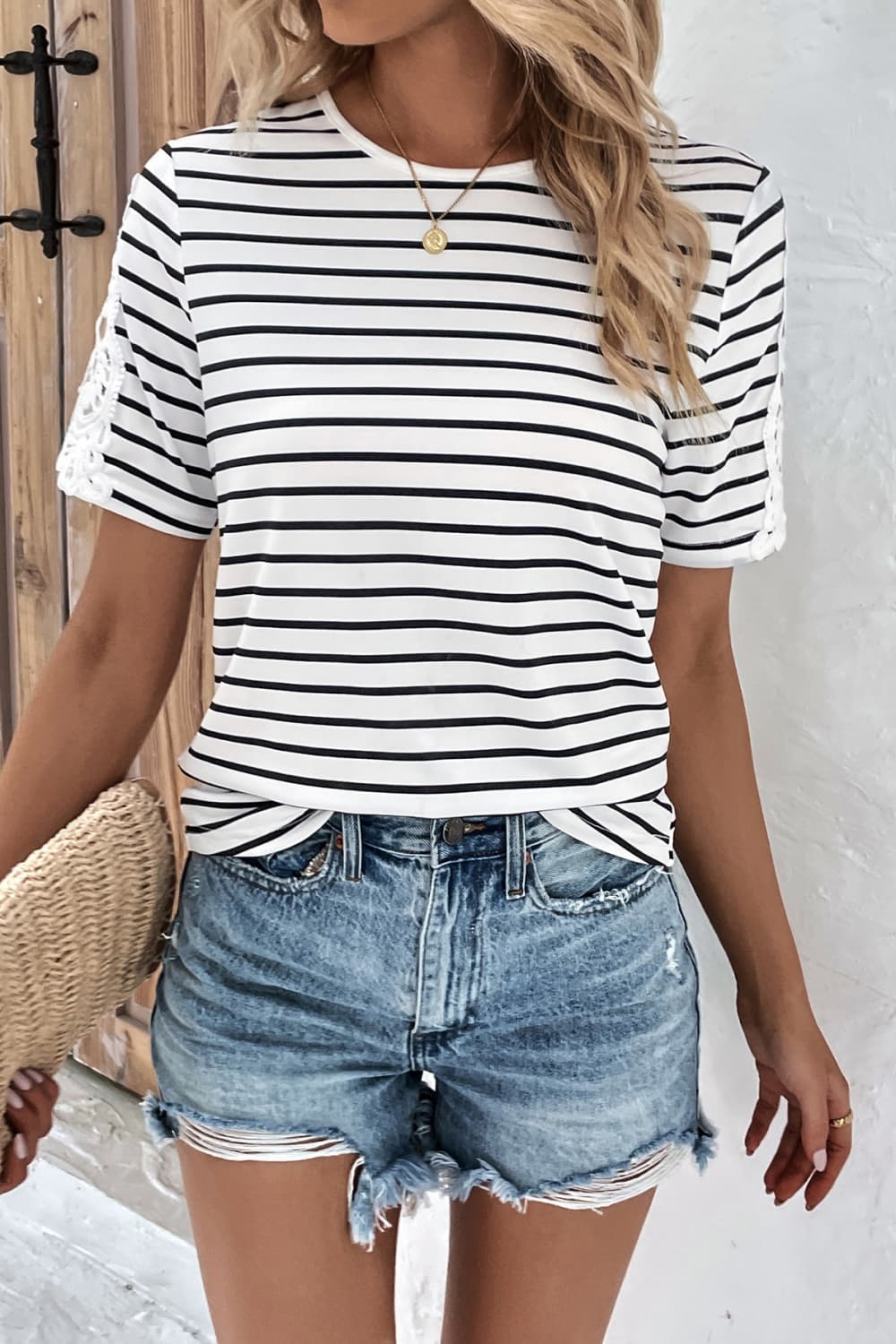 Striped Spliced Lace Round Neck Tee