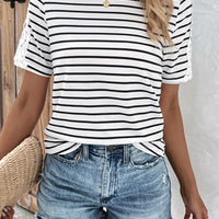 Striped Spliced Lace Round Neck Tee