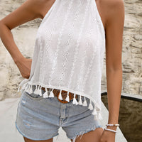 Tied Openwork Tassel Grecian Sleeveless Top