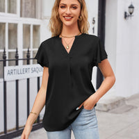 Notched Neck Flutter Sleeve Satin Top