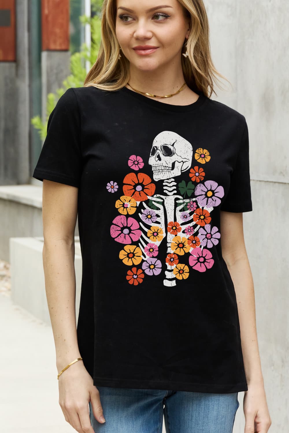 Simply Love Full Size Skeleton & Flower Graphic Cotton Tee