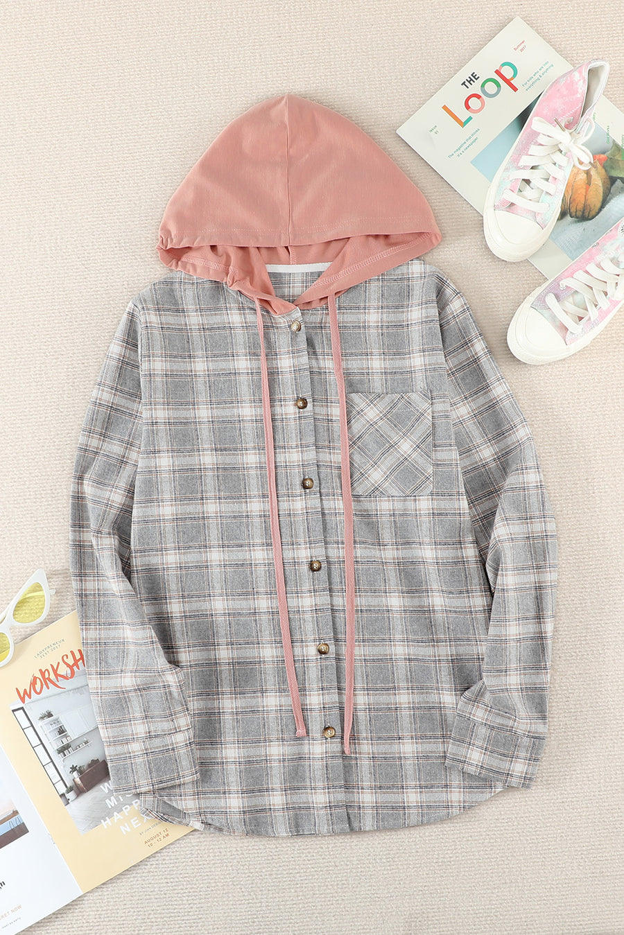 Plaid Drawstring Hooded Shacket