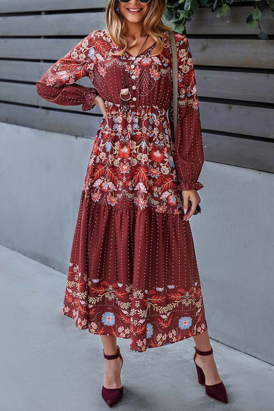 Floral Print Decorative Buttons V-Neck Flounce Sleeve Midi Dress