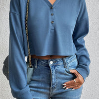 Cropped V-Neck Raglan Sleeve Buttoned Blouse