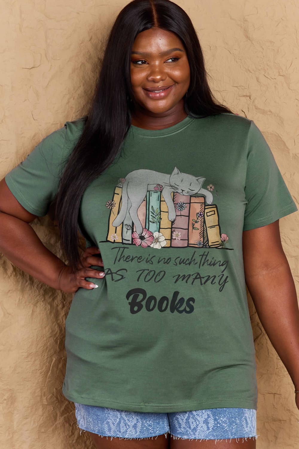 Simply Love Full Size Cat & Books Graphic Cotton Tee