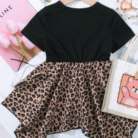 Girls Leopard Graphic Handkerchief Hem Spliced Dress