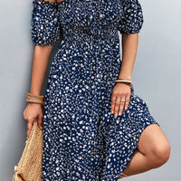 Ditsy Floral Smocked Frill Trim Off-Shoulder Dress