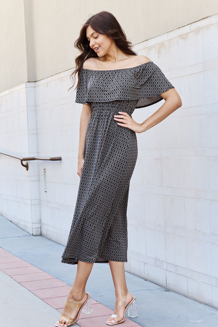 e.Luna My Best Angle Geometric Pattern Off The Shoulder Midi Dress in Black