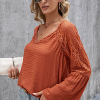 V-Neck Spliced Lace Flare Sleeve Top