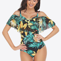 Botanical Print Cold-Shoulder Layered One-Piece Swimsuit