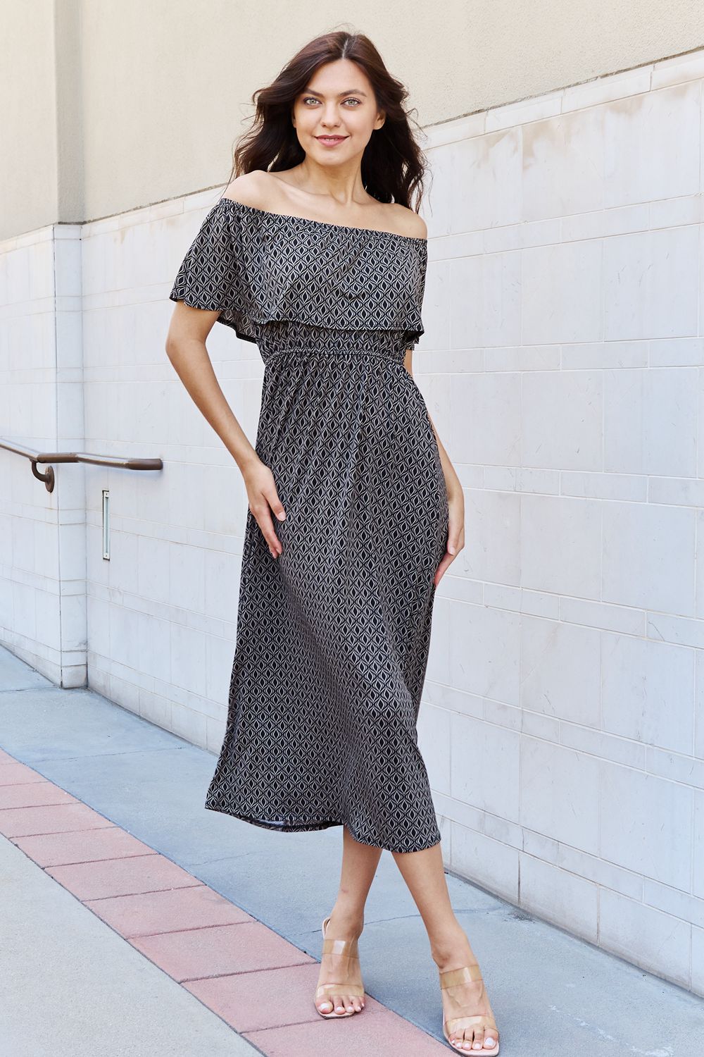 e.Luna My Best Angle Geometric Pattern Off The Shoulder Midi Dress in Black