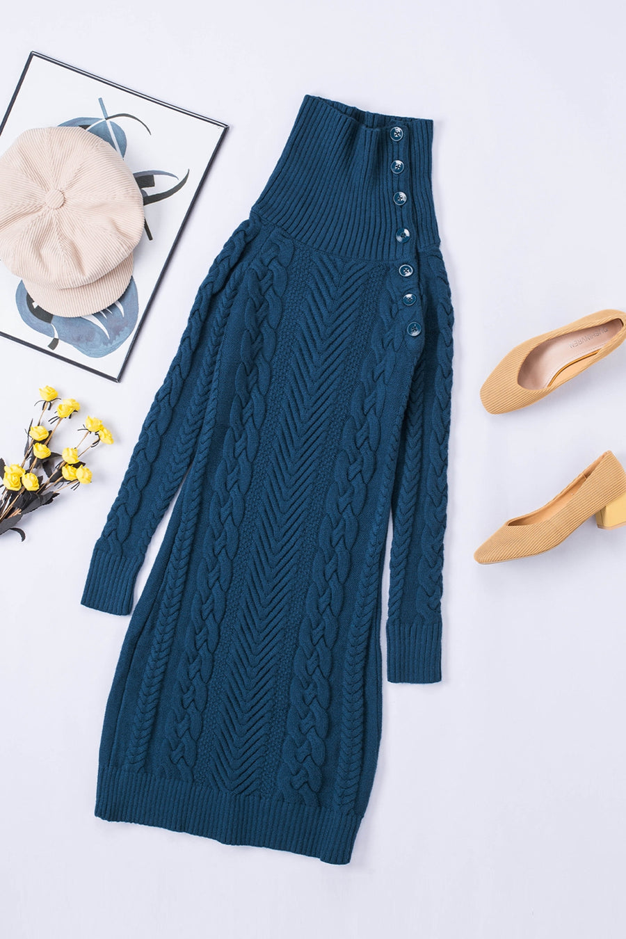 Cable-Knit Turtleneck Buttoned Sweater Dress