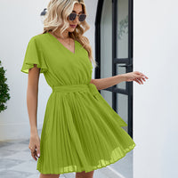 Surplice Neck Tie Waist Flutter Sleeve Pleated Dress