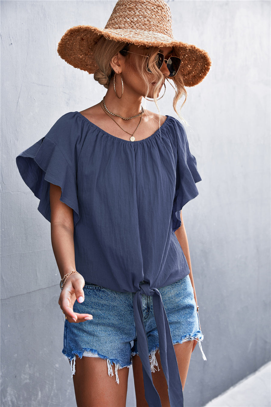 Flutter Sleeve Tie-Front Blouse