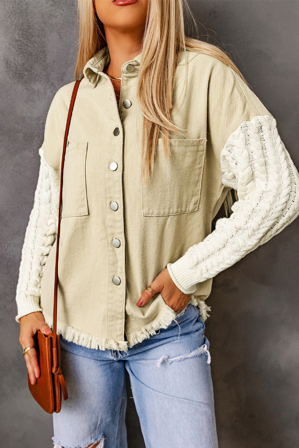 Cable-Knit Fringe Hem Button Down Spliced Jacket