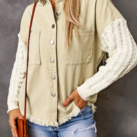 Cable-Knit Fringe Hem Button Down Spliced Jacket