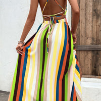 Multicolored Stripe Crisscross Backless Dress