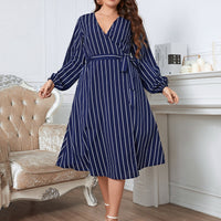 Melo Apparel Plus Size Striped Surplice Neck Long Sleeve Dress