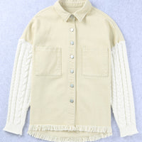 Cable-Knit Fringe Hem Button Down Spliced Jacket