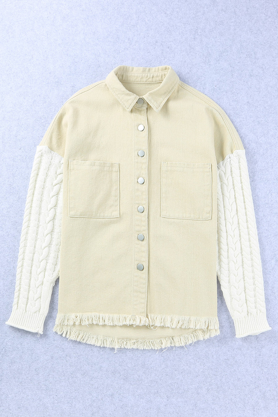 Cable-Knit Fringe Hem Button Down Spliced Jacket