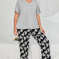 Plus Size V-Neck Tee and Floral Pants Lounge Set