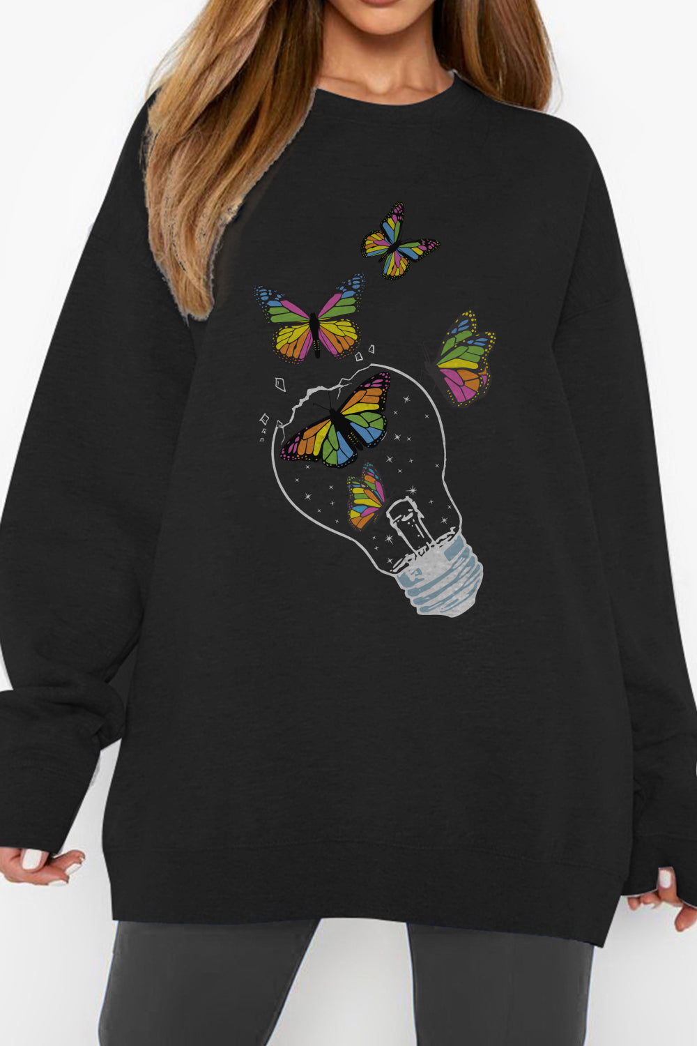 Simply Love Simply Love Full Size Dropped Shoulder Light Blub & Butterfly Graphic Sweatshirt