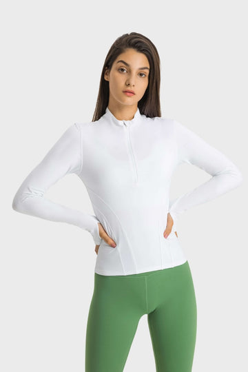 Aromel Apparel Active White / 4 Active-Half Zip Thumbhole Sleeve Sports Top