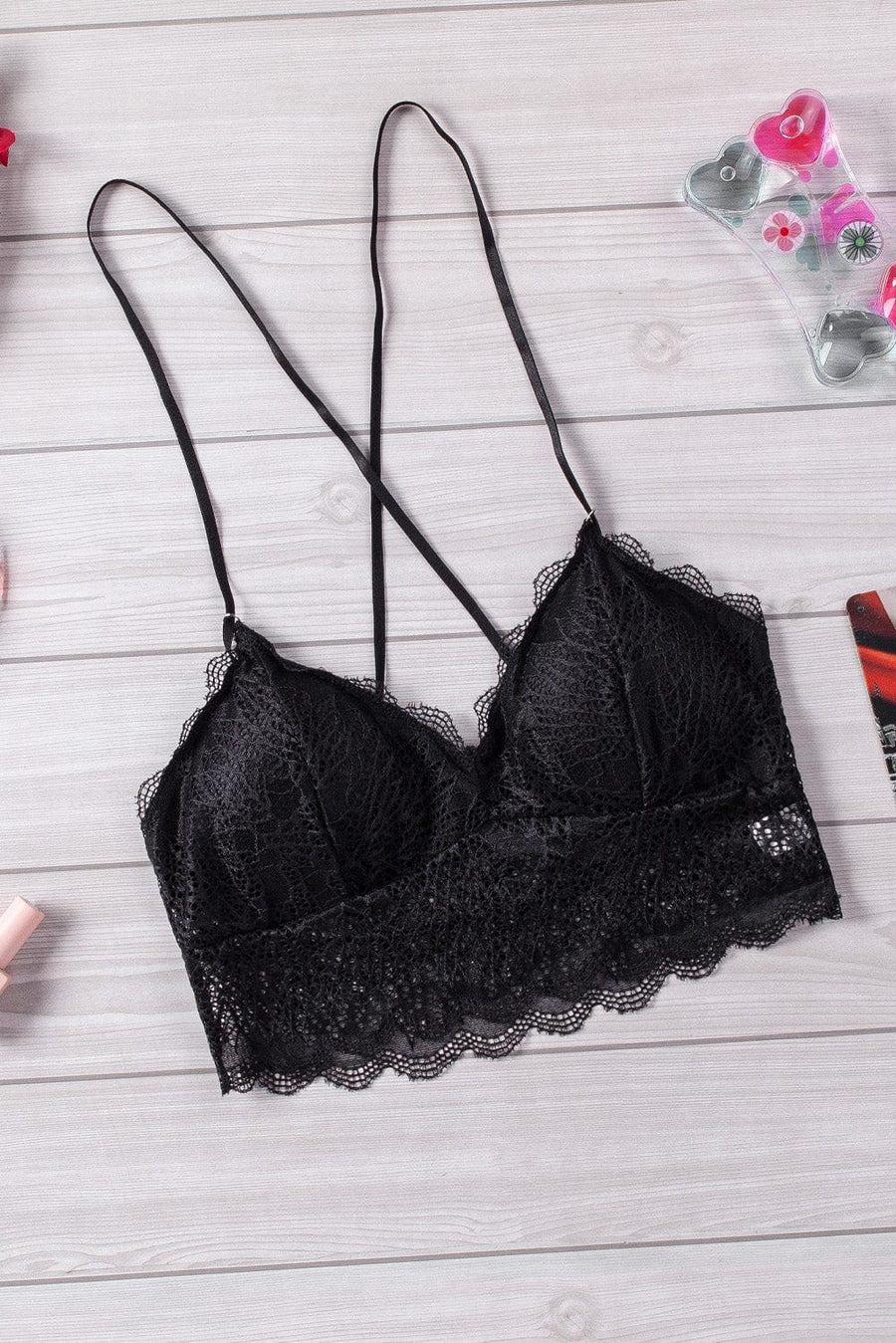 Aromel Apparel Bralette Black / S Top-Lace Scalloped Crisscross Strap Bralette