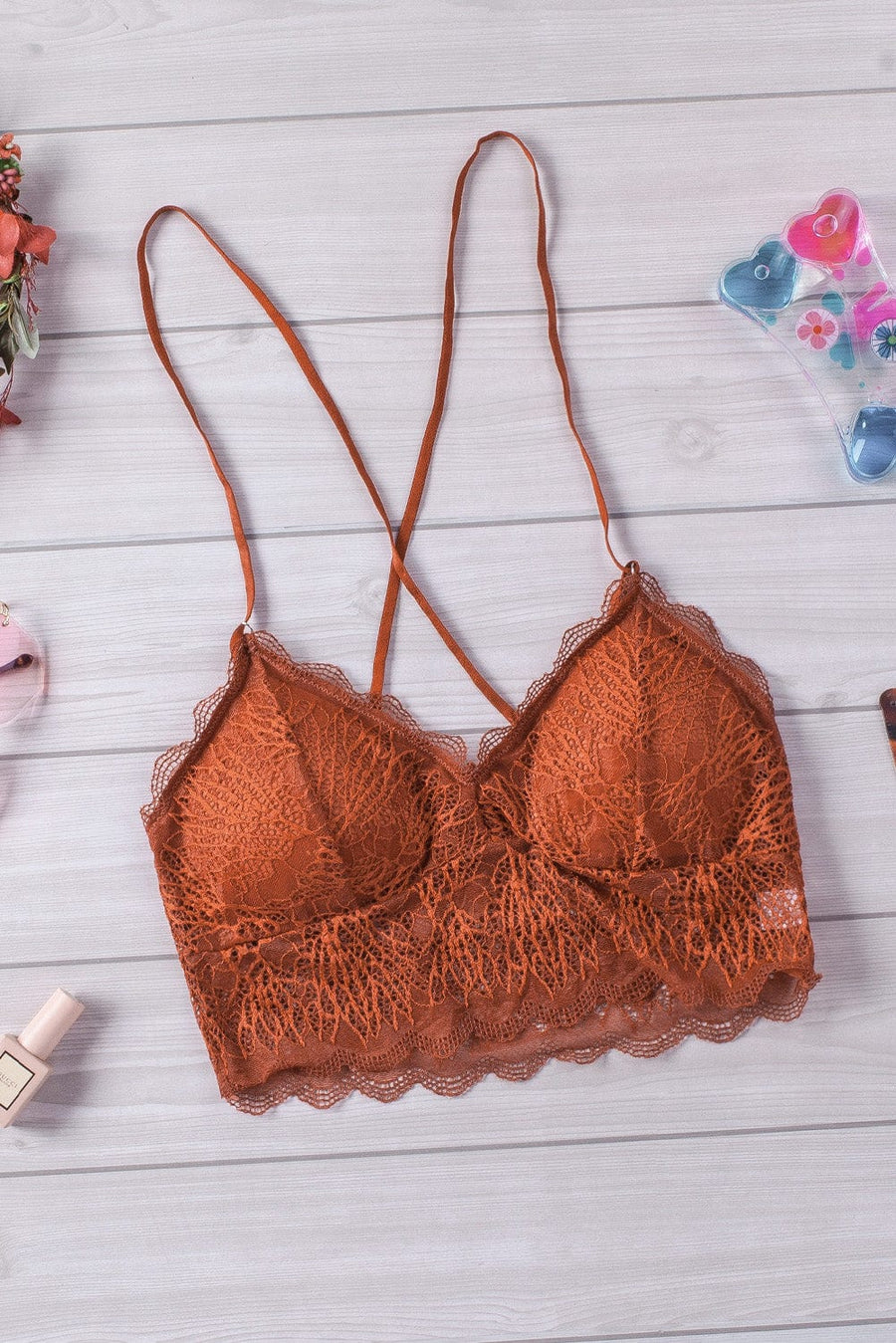 Aromel Apparel Bralette Brown / S Top-Lace Scalloped Crisscross Strap Bralette