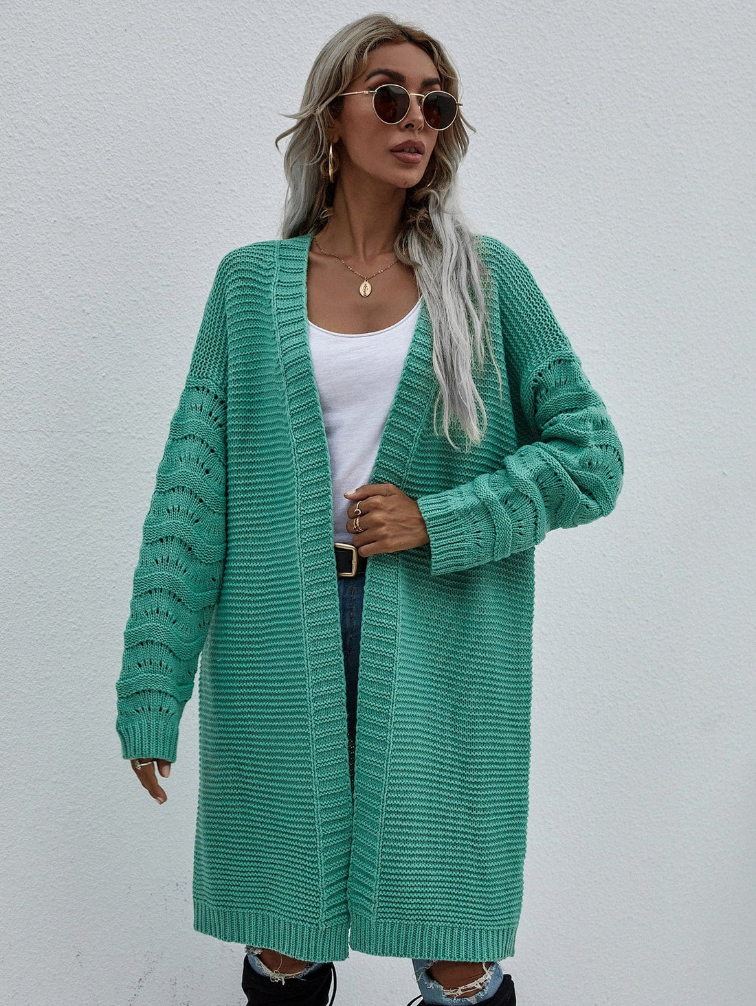 Aromel Apparel Cardigan Green / S Horizontal Ribbing Open Front Duster Cardigan