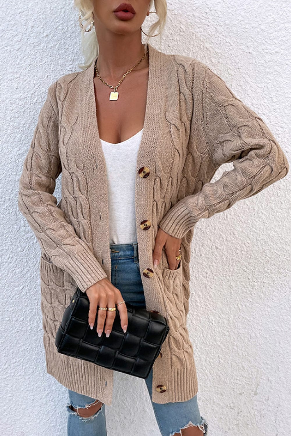 Aromel Apparel Cardigan Khaki / S Cable-Knit Button Down Duster Cardigan