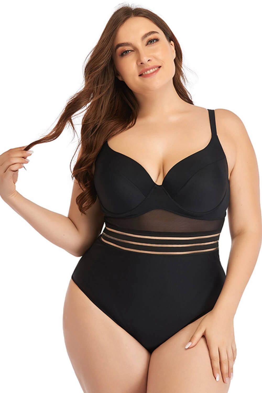 Aromel Apparel Clothing Black / L Plus Size Spliced Mesh Tie-Back One-Piece Swimsuit